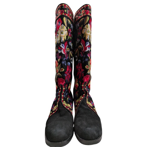 Warren Edwards Mongo Longo Suede Embroidered Boots Size 8 Black Floral Boho - Picture 6 of 13